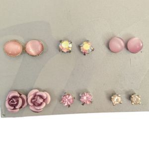 6 Pairs of Stud Earrings Pink, Clear